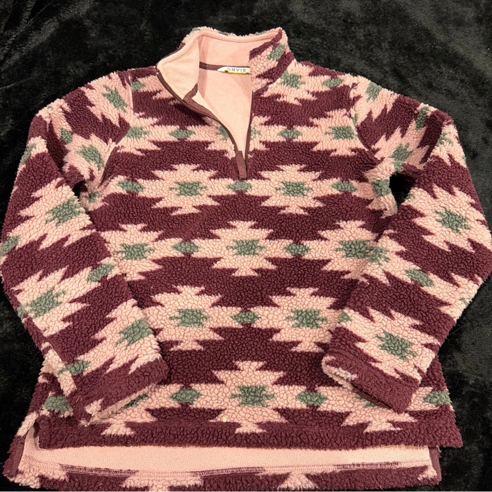 Orvis Pink and Burgundy Aztec Half-Zip Sweater